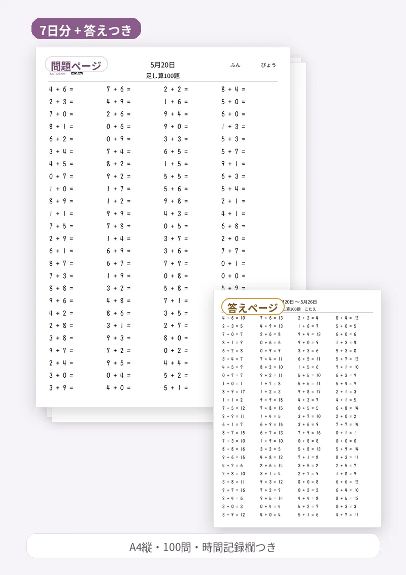 毎日100問暗算プリントの見本