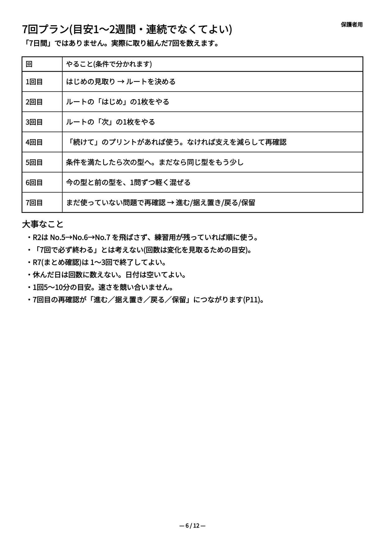 10づくりの取り組みを7回分に整理する計画ページの一部