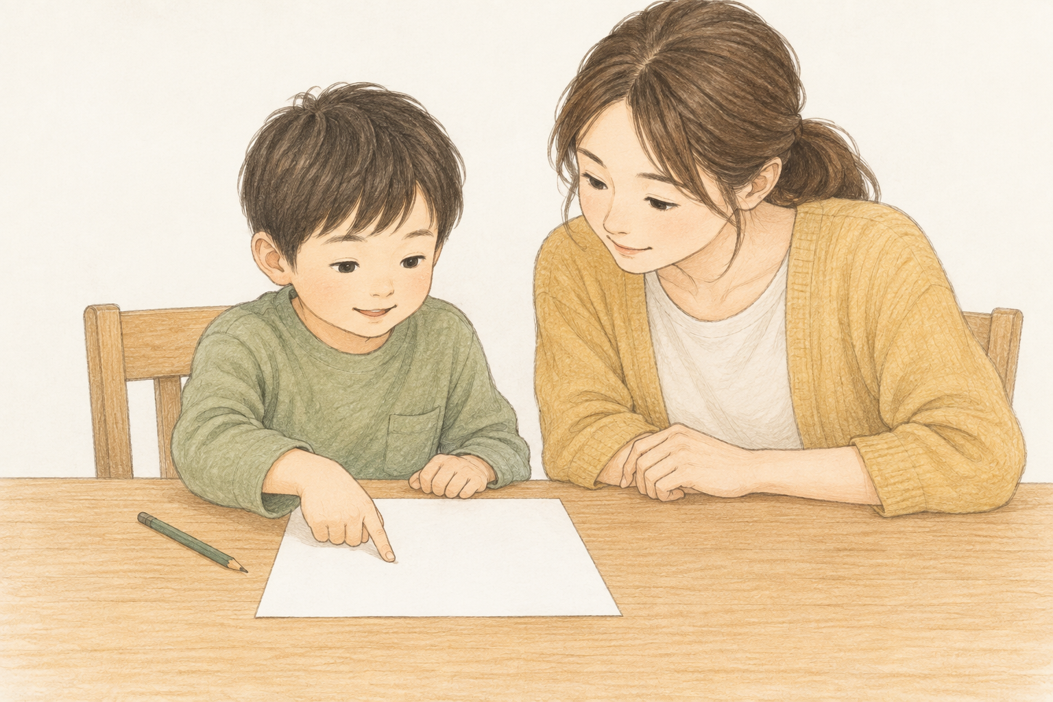 大人が子どもの指さす紙の位置を見ている場面